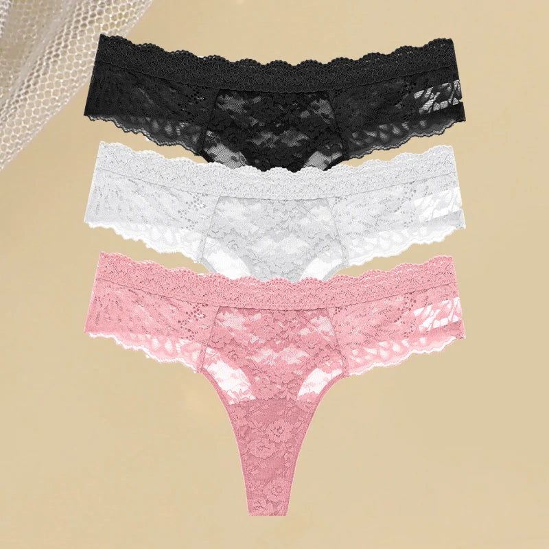 3PCS Lace Hollow Out Thong Panties – Sexy Floral Print, Solid Color, Low Waist, Breathable G-String Lingerie