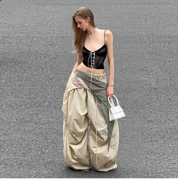 Fashion Contrast Color Patchwork Trousers – Elastic High Waist, Loose Fit, Wide Leg, Streetwear, Cargo Pants, New Arrival