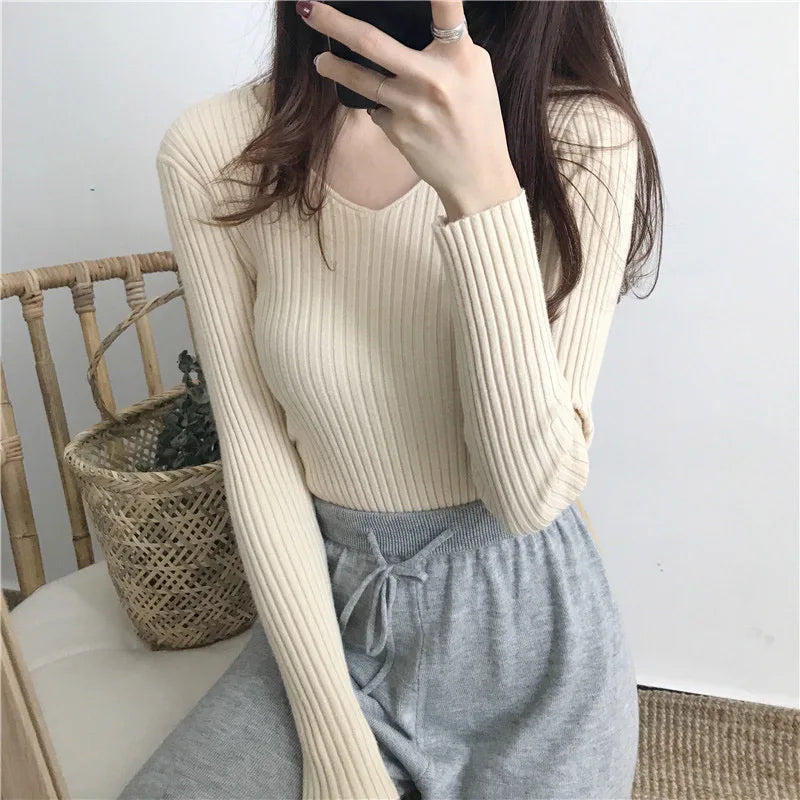 Korean V-Neck Knitted Sweater – Slim Fit, Autumn Winter Pullover, Fashion Jumper for Women