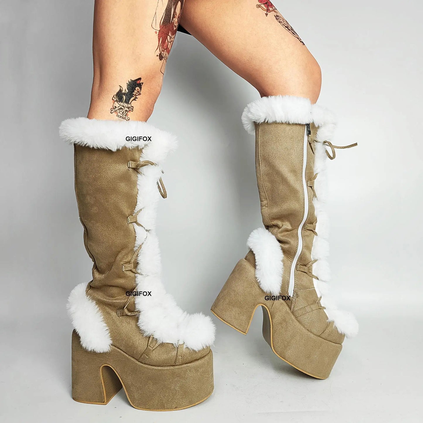 Platform Furry Boots – Chunky High Heeled Winter Autumn Knee High Boots, Women Faux Fur Zip, Gothic Style Punk Shoes Ladies
