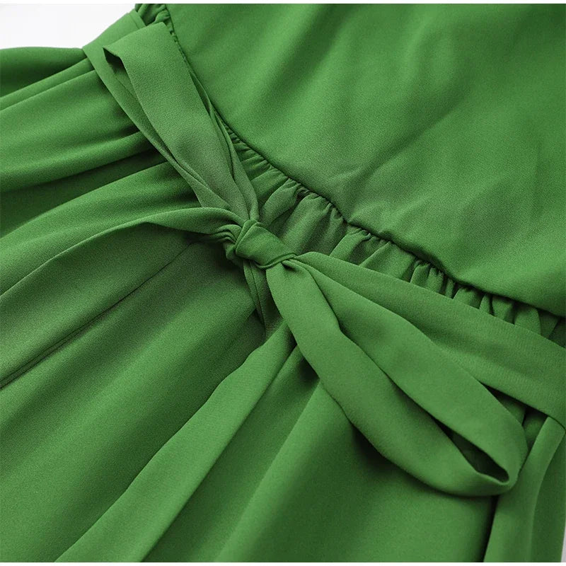 Women’s Chiffon Pleated Mini Dress – High Waist, Lace-Up, Hollow Out, Full Sleeve, A-Line