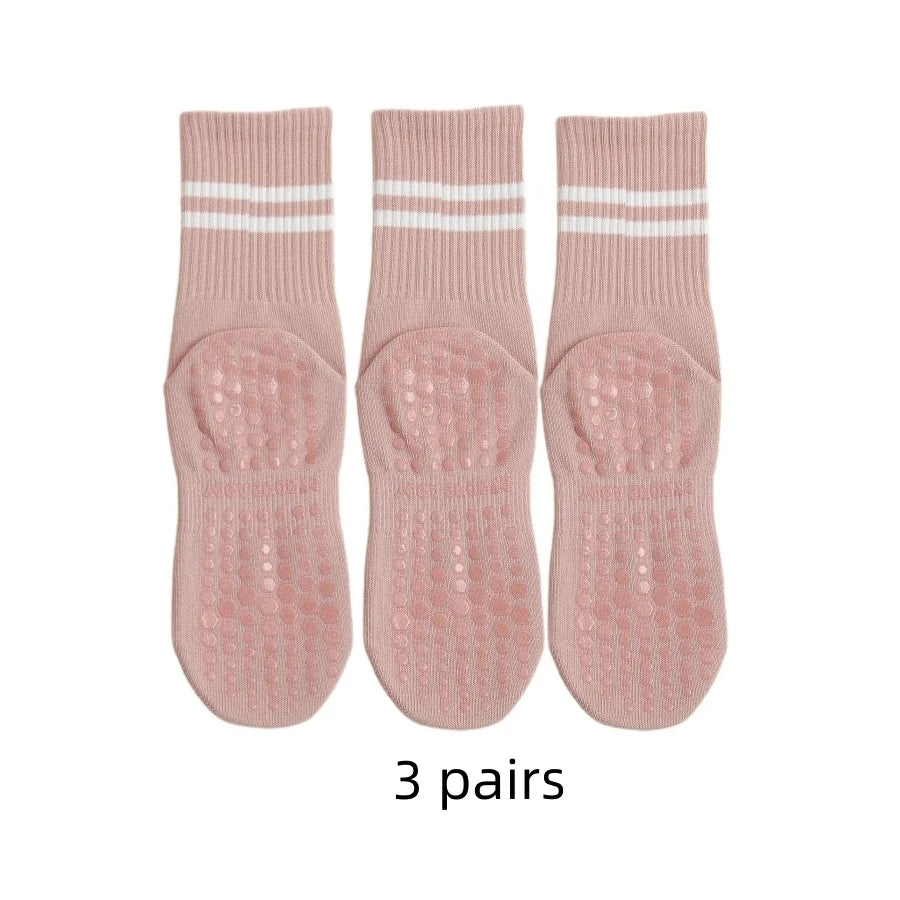 3 Pairs Mid-Tube Yoga Socks – Cotton, Non-Slip Silicone, Professional Fitness & Pilates Socks for Women