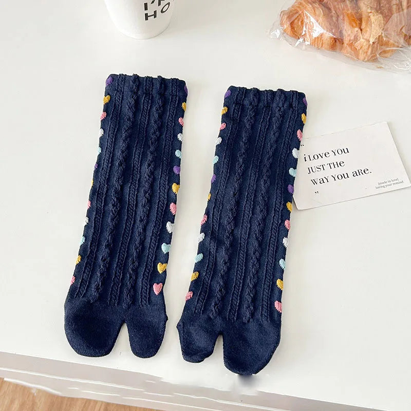 Colorful Heart Braid Five Finger Socks for Women – Spring Autumn, Middle Tube, Cotton, Breathable, Crew Socks, Streetwear