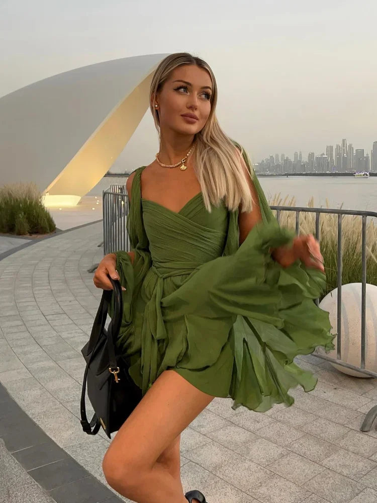 Women’s Chiffon Pleated Mini Dress – High Waist, Lace-Up, Hollow Out, Full Sleeve, A-Line