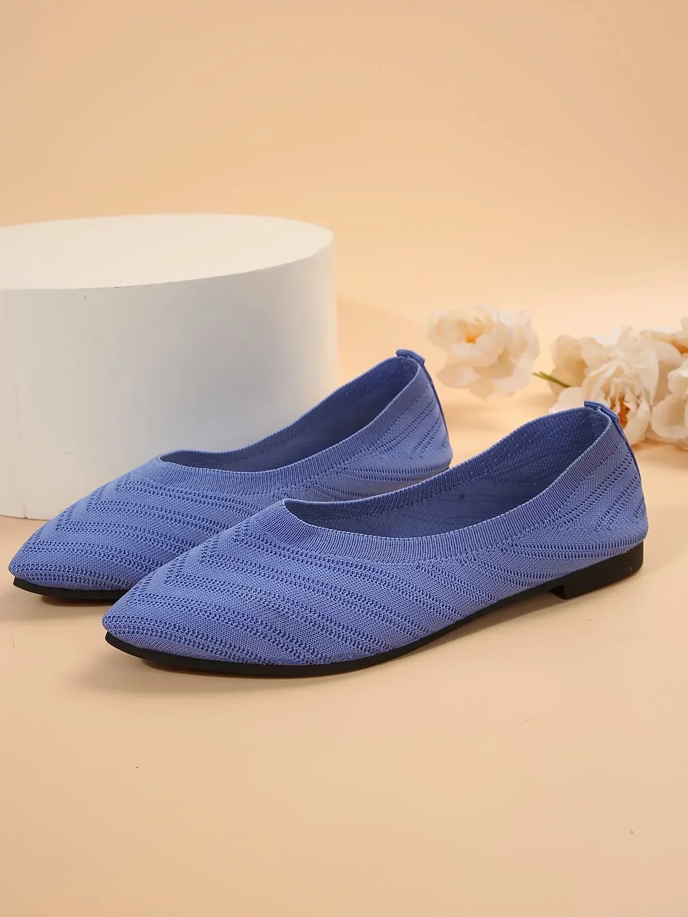 Pointed Toe Flats - Solid Color Knitted Slip-On Office Shoes, Casual Ballet Flats, Women's Loafers, Zapatos de Mujer