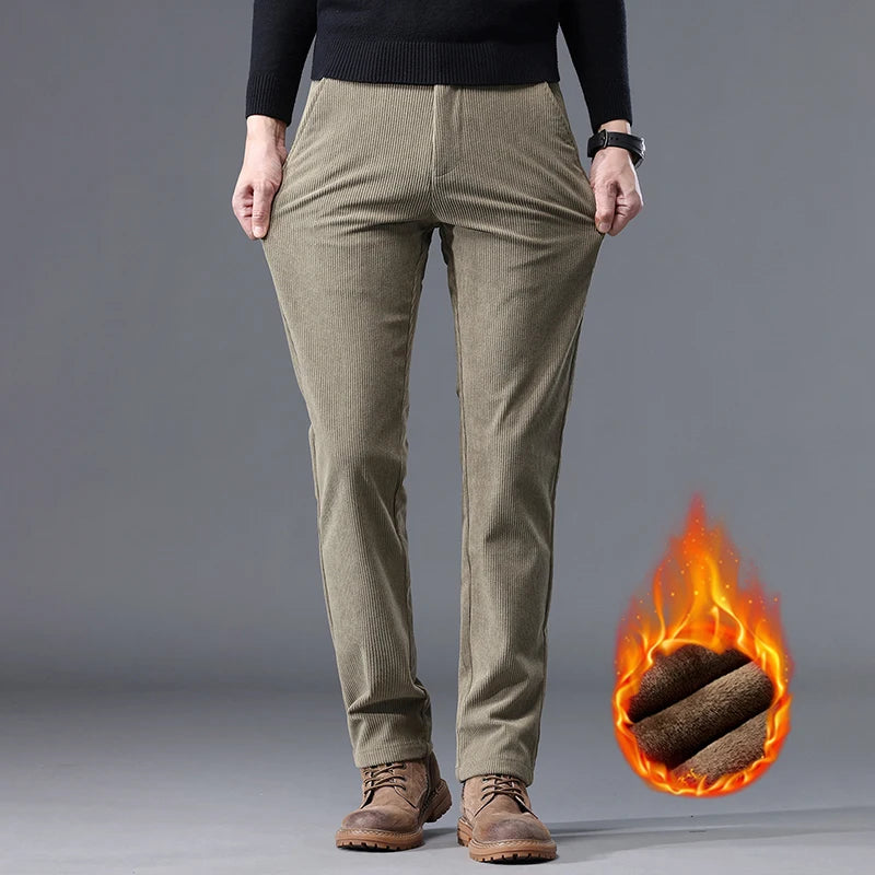 Fleece Men's Corduroy Casual Pants – Chenille Thick Stretch, Mid-Rise, Business Trousers, Winter Thermal Brand Pants
