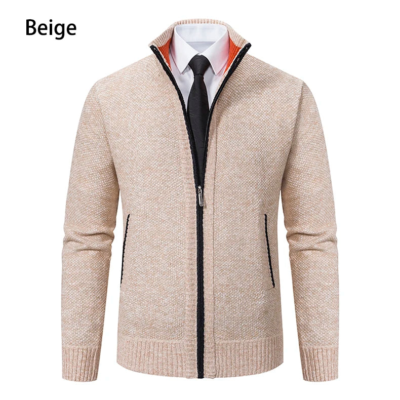 Jersey Men's Casual Sports Coat – Solid Color Stand Collar Sweater, Fleece-Lined, Warm Zipper Cardigan