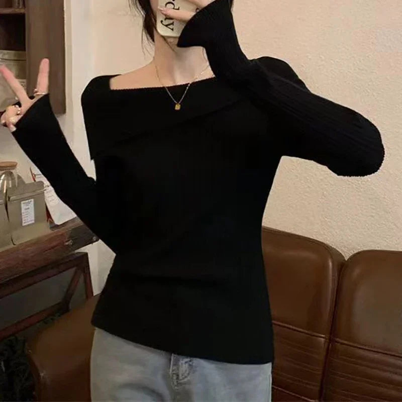 Slim Off-Shoulder Knitted Sweater – Slash Neck, Long Sleeve, Sexy Office Fashion