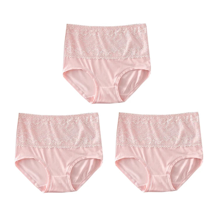 3PCS High Waist Women's Panties – Large Size, Breathable Cow Milk Silk, Lace Briefs, Sexy Female Lingerie