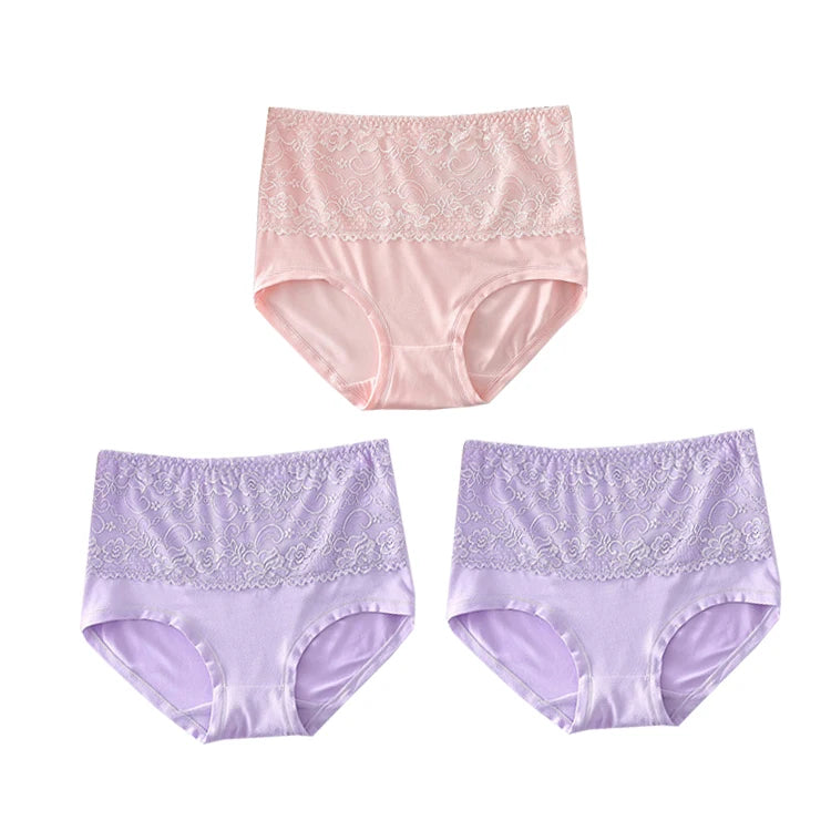 3PCS High Waist Women's Panties – Large Size, Breathable Cow Milk Silk, Lace Briefs, Sexy Female Lingerie