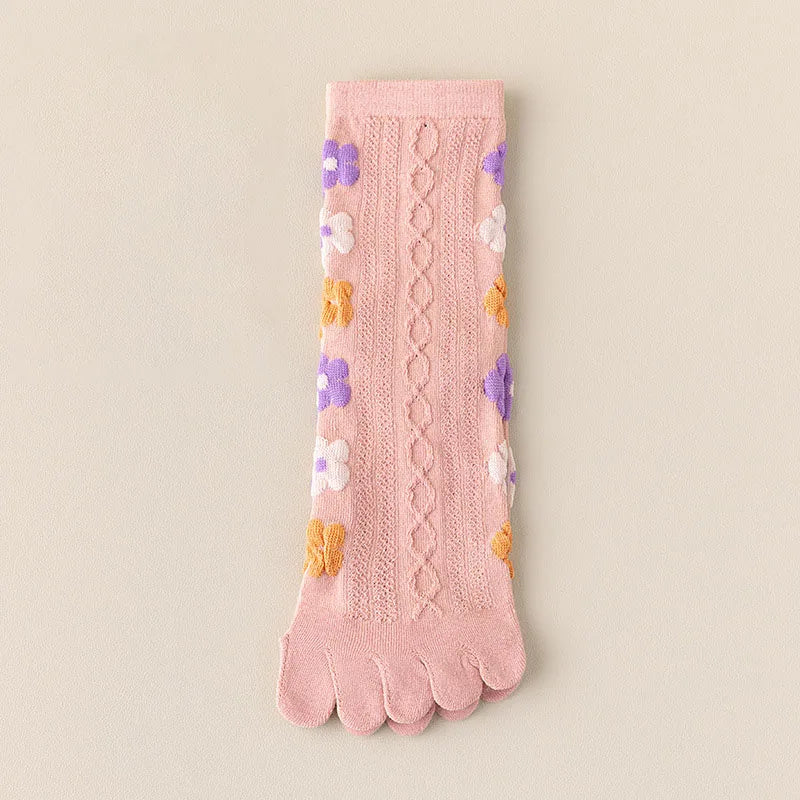 Colorful Heart Braid Five Finger Socks for Women – Spring Autumn, Middle Tube, Cotton, Breathable, Crew Socks, Streetwear