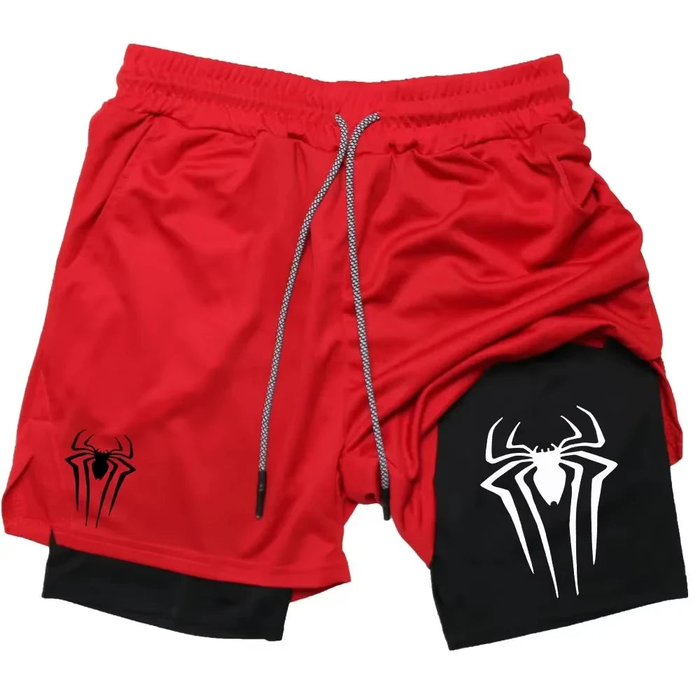 Y2K Performance Shorts Men – Spider Printed, Gym Casual Sports, Compression Shorts, Workout, Running, Mesh 2-in-1 Sport Shorts