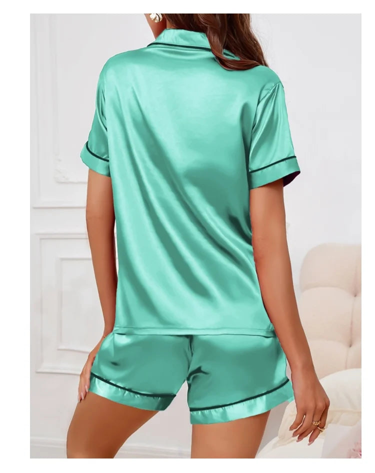 Luxurious Satin Pajama for Women – Summer Sleepwear, Short Sleeve Top with Button-Up Lapel Collar & Shorts, Femme Lounge Set
