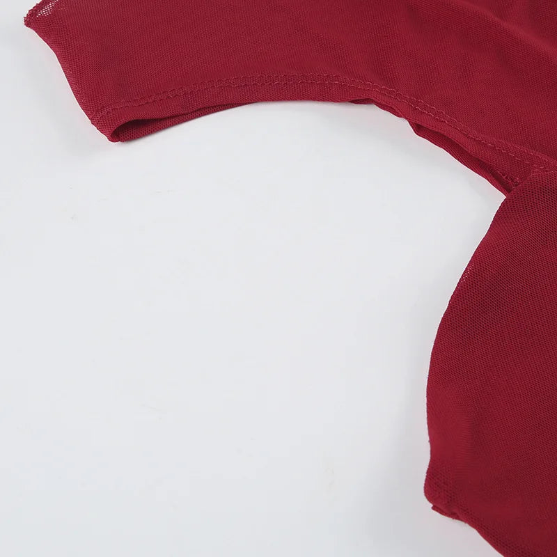 Red See-Through Mesh Bodysuit – Sexy Lingerie, Neck-Mounted, Y2K Festival Outfit