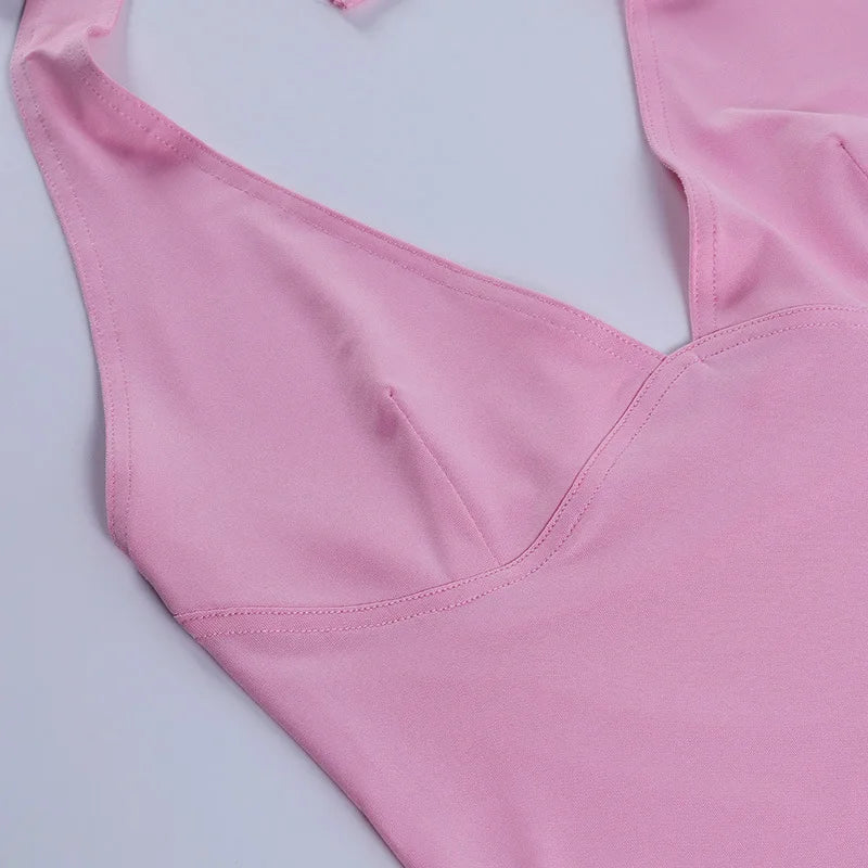 Halter Camisole Tank Top – V-Neck, Sexy, Slim Fit, Backless, Pink, Corset Style, Women's Tee Shirt
