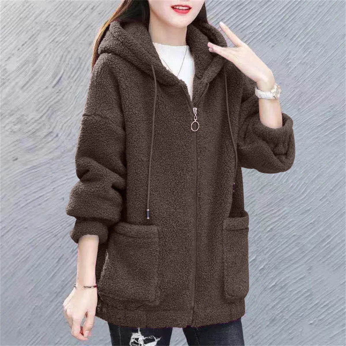 Women's Fleece Hooded Sweater – Solid Color, Lamb Cashmere, Cardigan Jacket, Plush, Autumn Winter Casual Coat