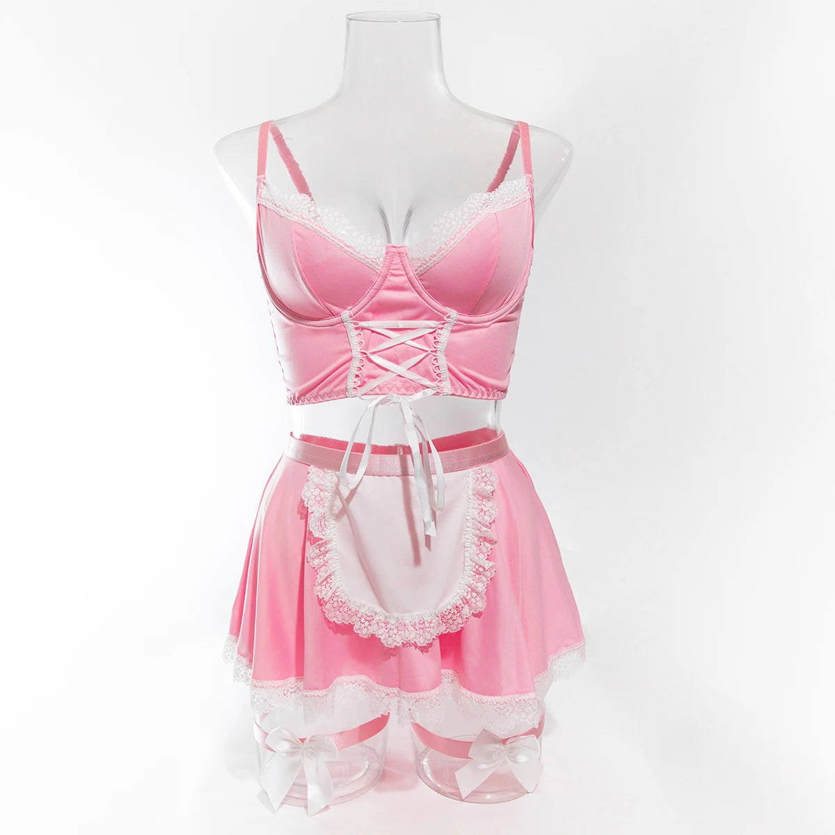 Maid Cosplay Lingerie Set – 5-Piece Sexy Lace Apron Uniform with Bow & Bandage Details