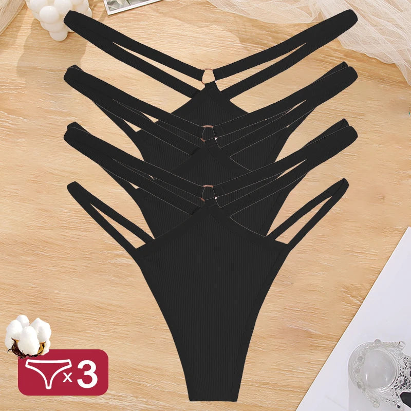 3PCS Set Women's Cotton G-String Thongs – Low Waist, Sexy, Hollow Out, Elastic, Breathable Lingerie