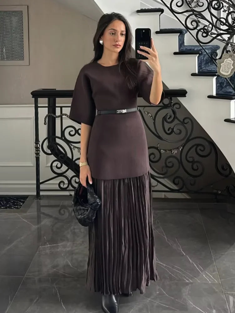Chic Splicing Brown Maxi Dress – Half Sleeve, Pleated A-line, Slim Fit, Casual Office Commute Streetwear
