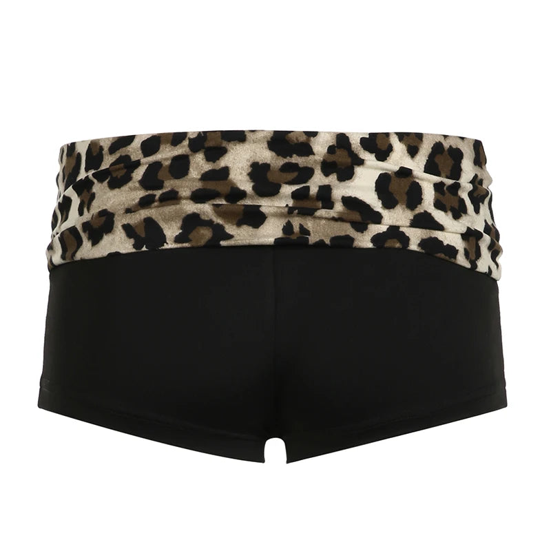 Contrast Patchwork Leopard Booty Shorts – Low Waist, Slim Fit, Sexy Baddie Style.