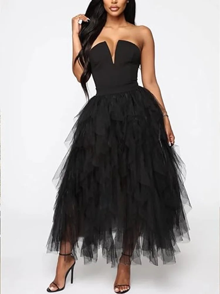 Women's Tulle Long Skirt – Tiered Tutu, A-Line, Mesh, Elastic Waist, Big Hem, Black/Gray/Pink/Beige