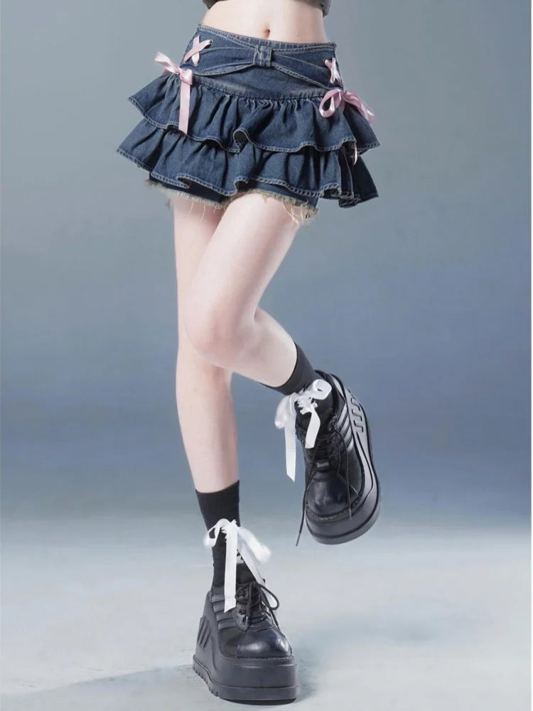 Denim Pleated A-Line Skirt – Bow Fold Design, Built-in Shorts, American Spicy Girl, Korean Fashion