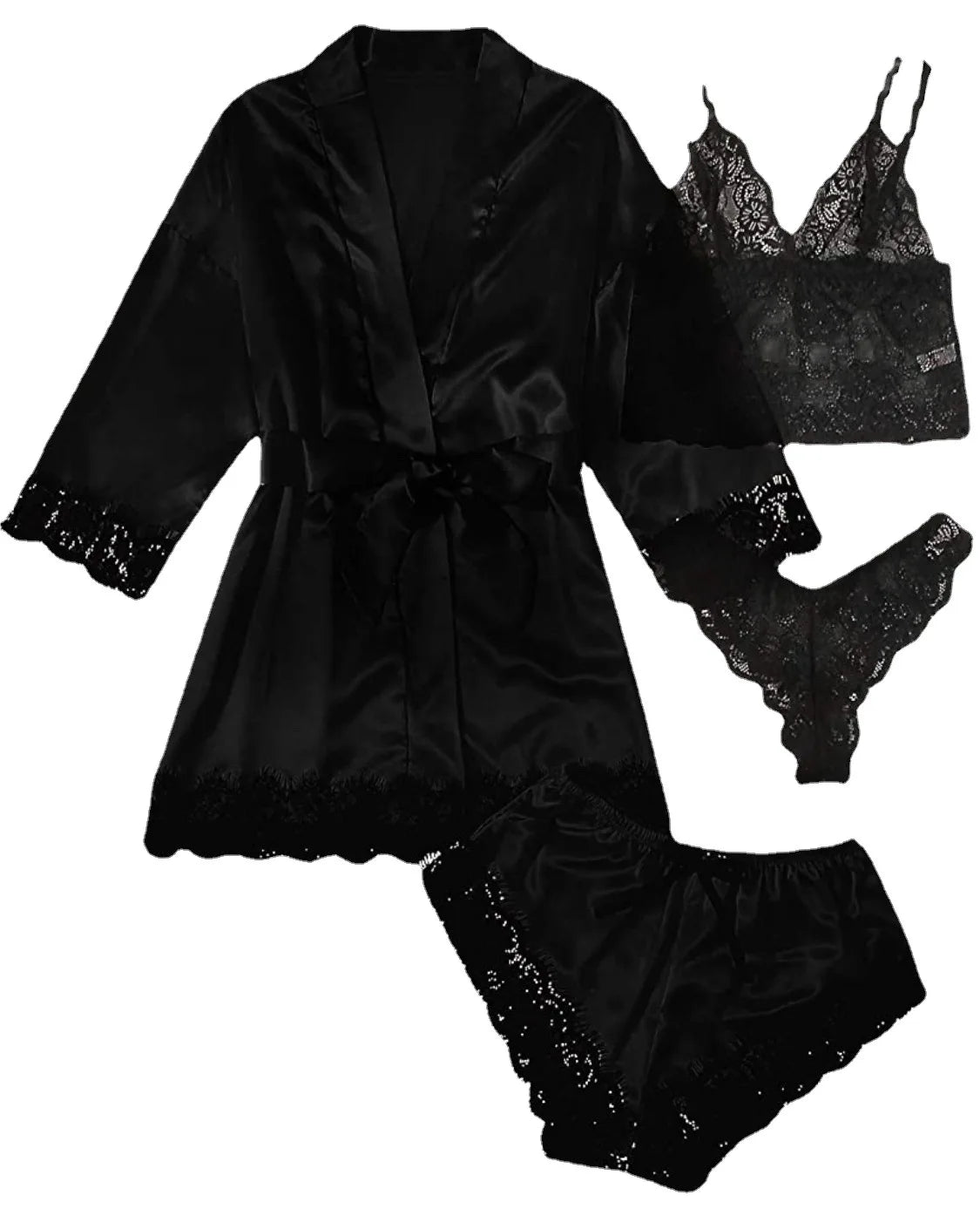 Women Fashion Pajama Print – Sexy Lace Trim Faux Silk Satin Pajama Set Gown, Skin-Friendly Comfort Loungewear, Sexy Pajamas