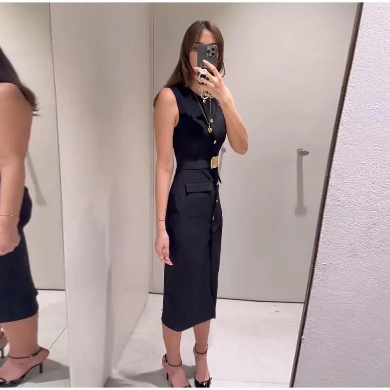 Urban Women Single-Breasted Dress – O-Neck, Sleeveless, Pocket Design, Mid-Length, Spring/Summer, Solid Color, Elegant Lady Robe