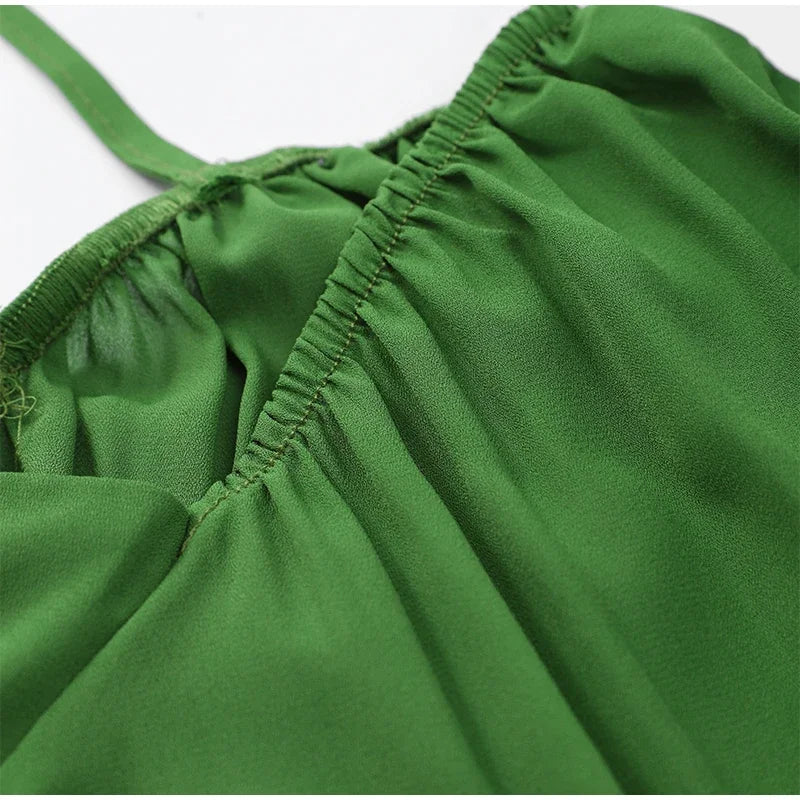 Women’s Chiffon Pleated Mini Dress – High Waist, Lace-Up, Hollow Out, Full Sleeve, A-Line