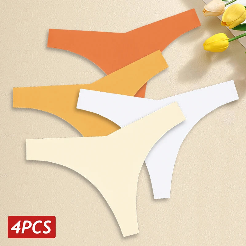 4PCS Women's Seamless Ice Silk Thongs – Sexy, Low Waist, Ultra-Thin, Breathable, T-Back Underwear, No Trace Lingerie