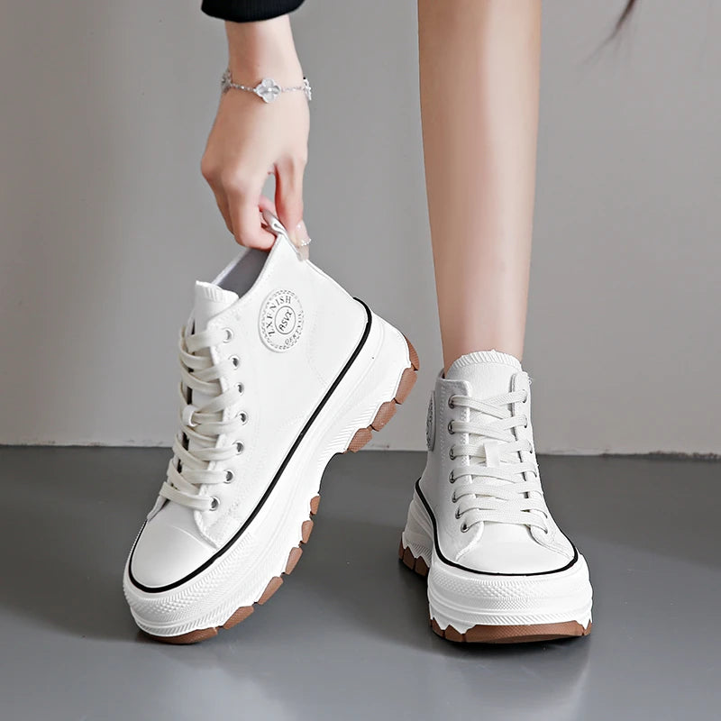 Women’s High Top Canvas Sneakers - Lace-Up, Non-slip, Wear-Resistant, Spring Platform