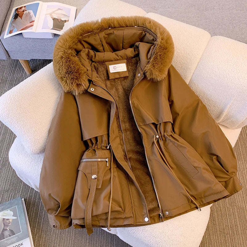 Women's Fleece-Lined Hooded Down Jacket – Warm Drawstring Puffer Parka, Korean Casual Streetwear