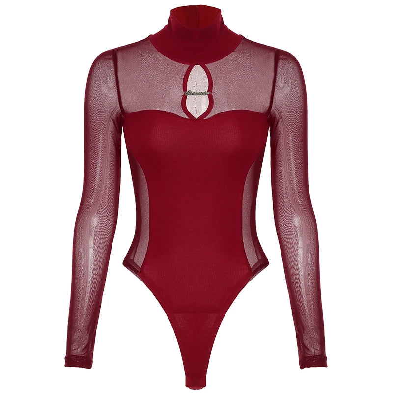 Hollow Out Mesh Bodysuit – Slim-Fit, Turtleneck, Long Sleeve, Korean Chic Elegance