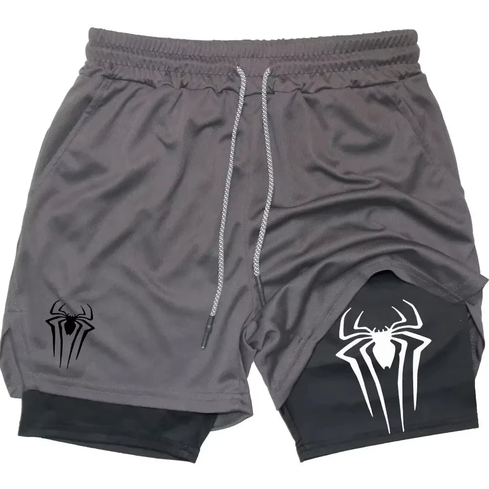 Y2K Performance Shorts Men – Spider Printed, Gym Casual Sports, Compression Shorts, Workout, Running, Mesh 2-in-1 Sport Shorts