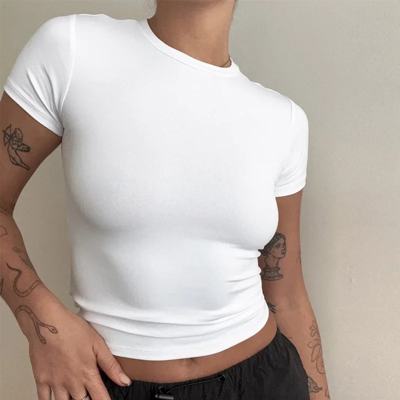 Women's Short Sleeve T-Shirt – Slim Fit, O-Neck, Knitted Sheath, Sporty Streetwear Y2K