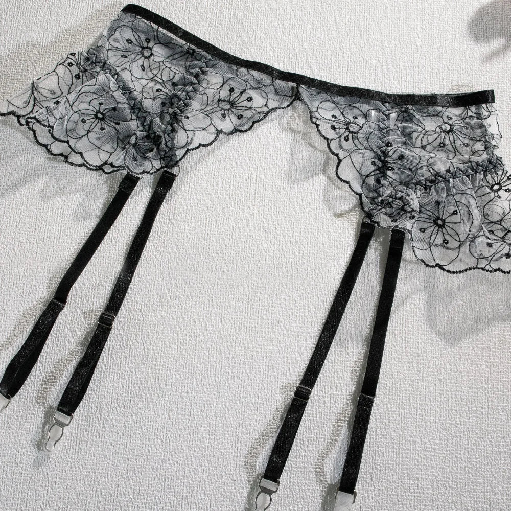 Floral Embroidery Erotic Set – Women's Transparent 3PCS Lingerie Set with Garter, Available in 3 Colors