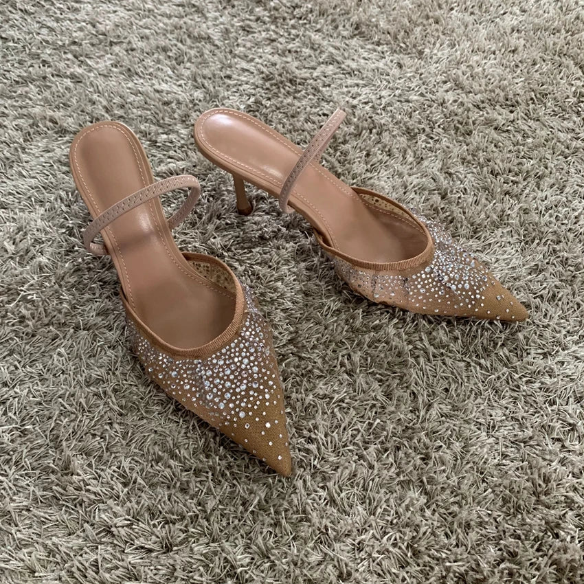 Summer Women's Sandals – Rhinestone Mesh High Heels, Elegant Slingback Pointed Slip-On Party Pumps
