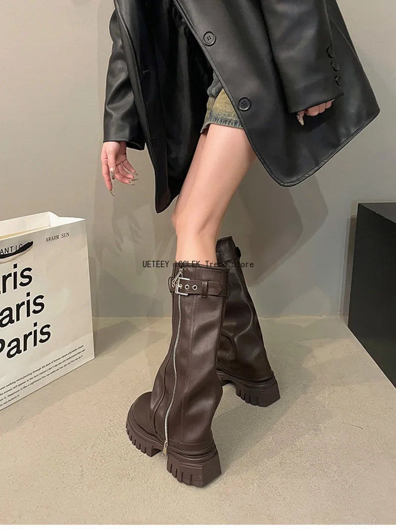 Winter Women Biker Boots – Fashion Belt Buckle, Elegant Platform Knee-High Booties for Ladies