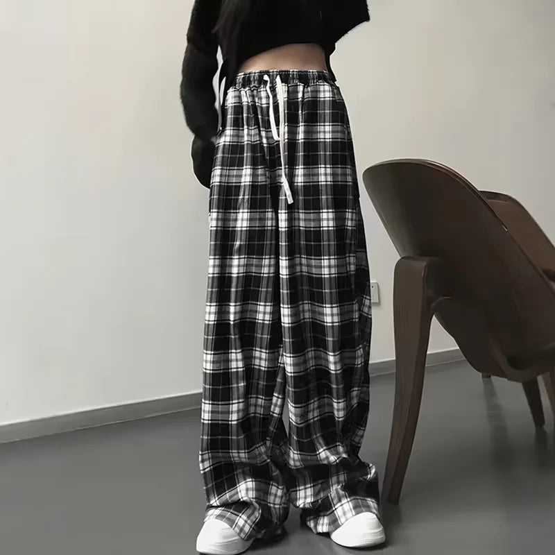 Thin High-Waisted Wide-Leg Pants – Korean Style, Casual, Straight Cut, Hit Color, Plaid Pattern, Elastic Waist, Dragging Length