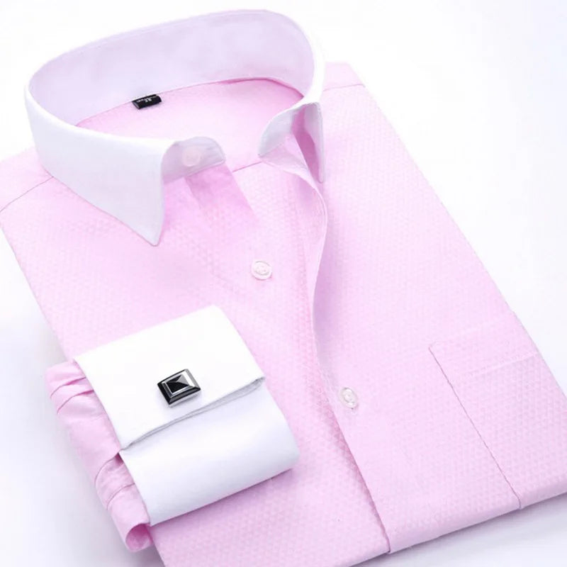 Men's French Cuff Formal Shirt – New White Long-Sleeved Business Button Shirt, Regular Fit With Cuff Buttons
