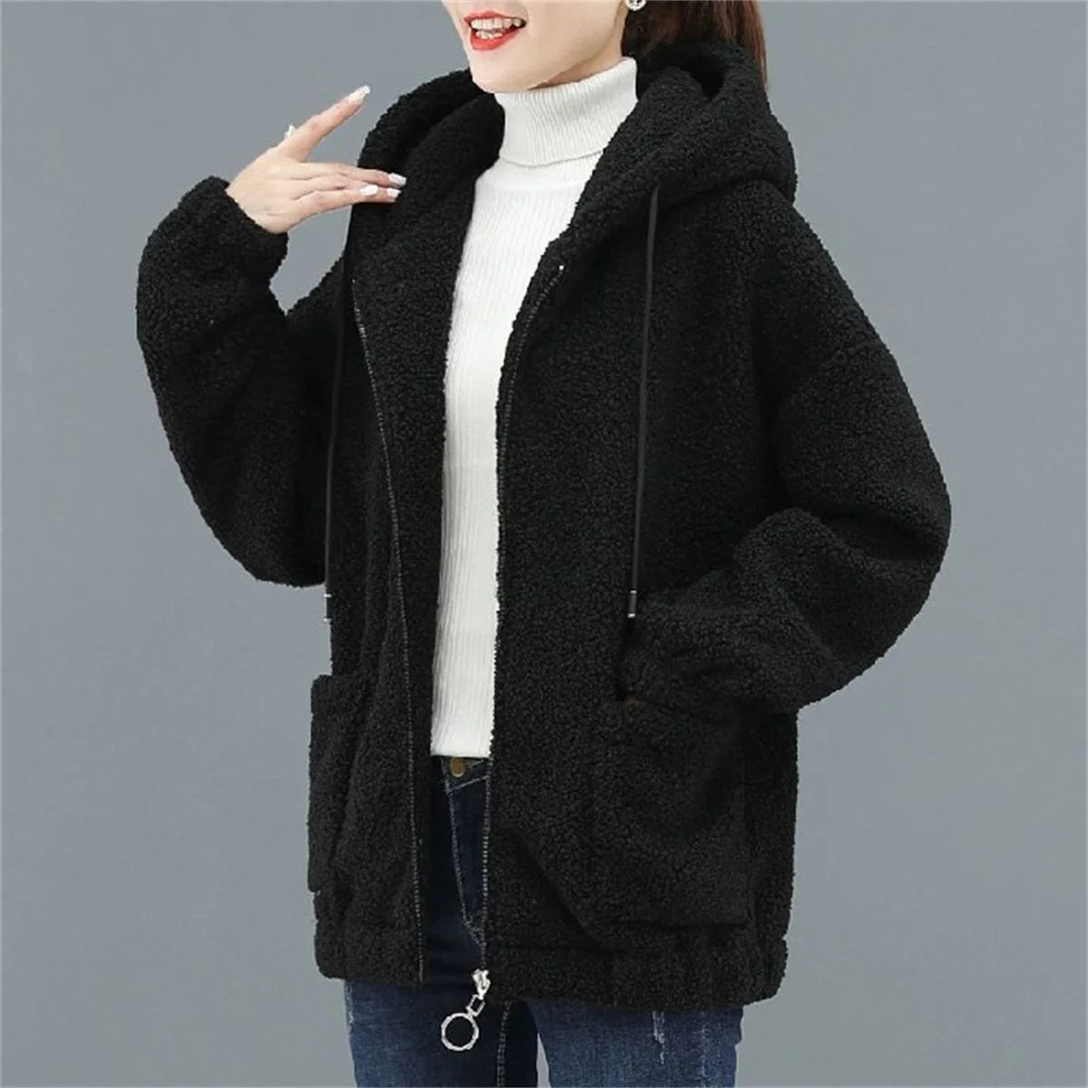 Women's Fleece Hooded Sweater – Solid Color, Lamb Cashmere, Cardigan Jacket, Plush, Autumn Winter Casual Coat