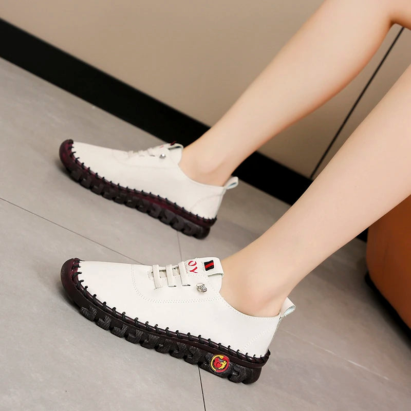 Lace-Up Leather Loafers - Flat Casual Shoes for Women, New Spring Collection, Outdoor Travel and Walking Sneakers