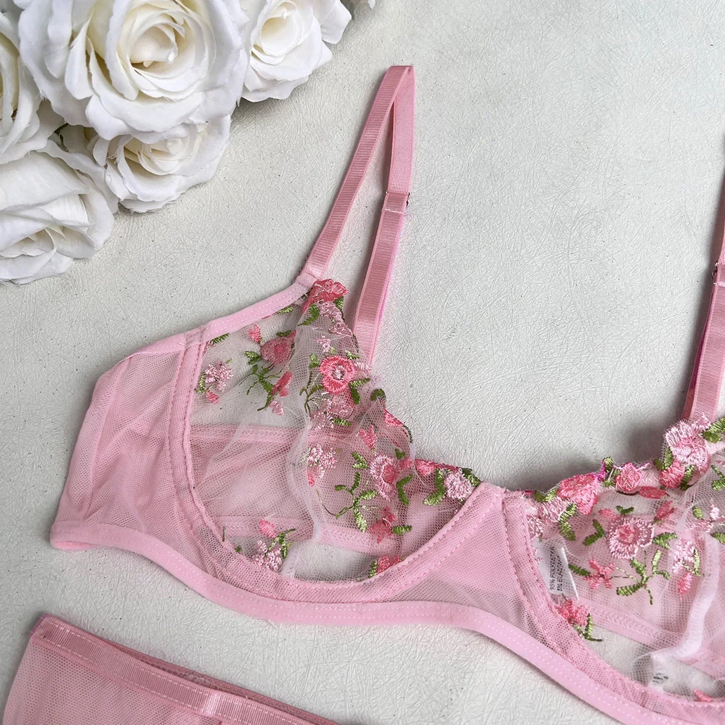 Lady's Fantasy Mesh Transparent Heavy Embroidery Floral Lingerie Set – Sexy Underwear for Women, 3-Piece Intimate Desire Hot Girl 18+