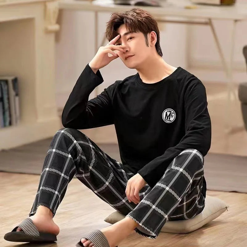 Men's Summer Pyjamas – Long Sleeve, Black Plaid Trousers, Youth Style, Large Size, Two-Piece Homewear Set, Outdoor Wearable