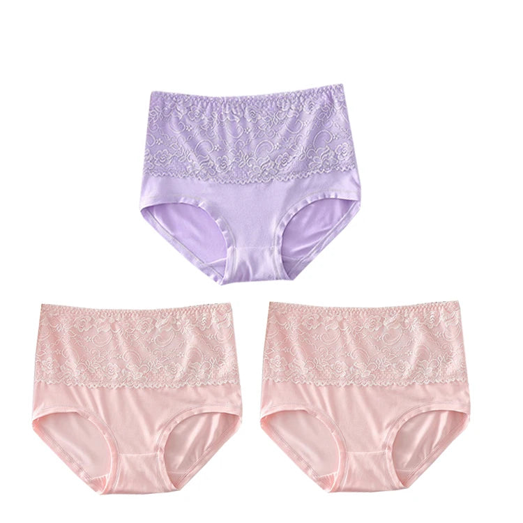 3PCS High Waist Women's Panties – Large Size, Breathable Cow Milk Silk, Lace Briefs, Sexy Female Lingerie