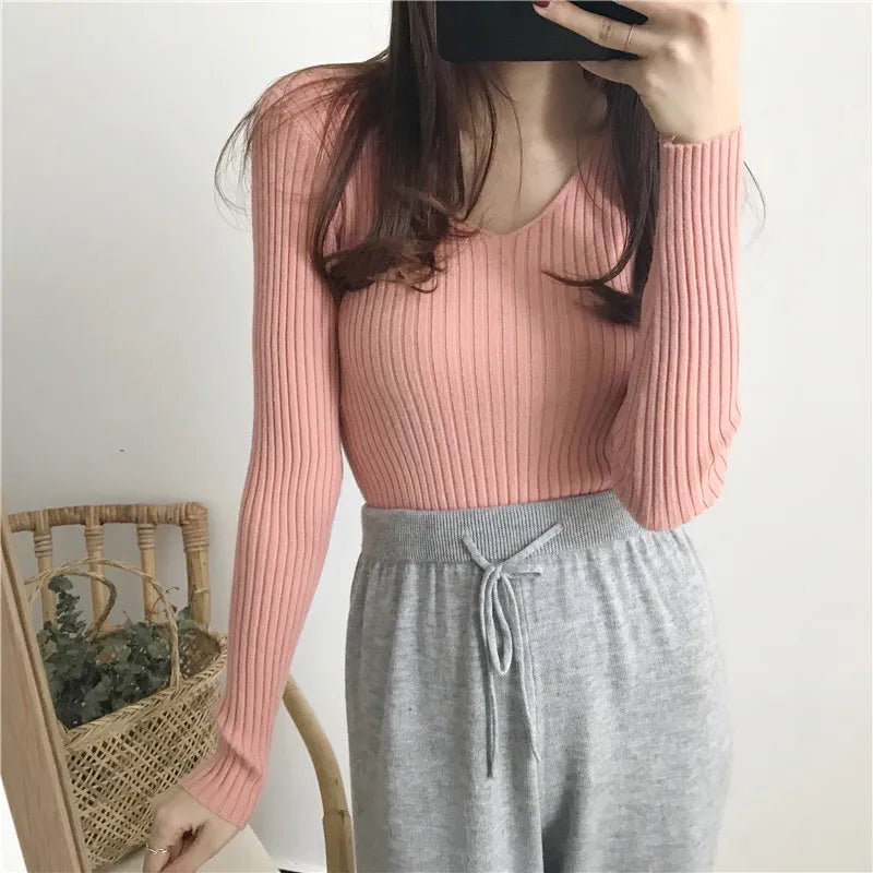 Korean V-Neck Knitted Sweater – Slim Fit, Autumn Winter Pullover, Fashion Jumper for Women