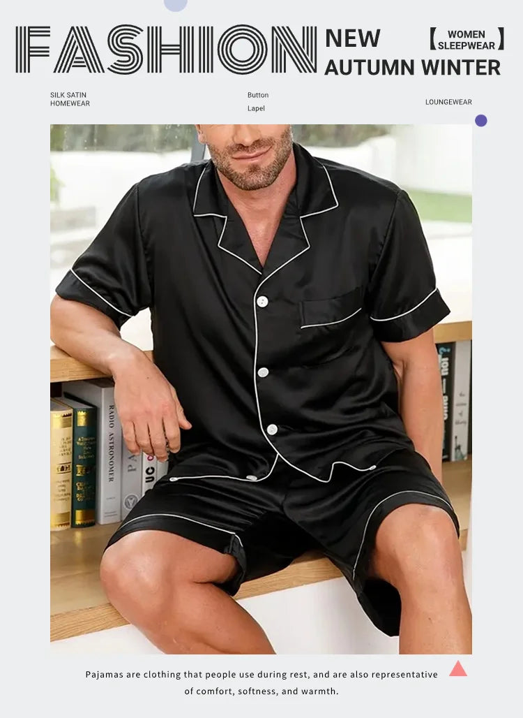 Men's Summer Pajamas Set – Short Sleeve, Button-Down Shirt with Pocket, Matching Shorts, Comfortable Loungewear Sleepwear