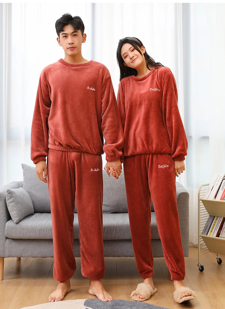 Men's Coral Velvet Pajamas – Thickened, Warm, Long Sleeve & Trousers, Solid Color, Soft Sleepwear, Autumn Winter 2PCS Set