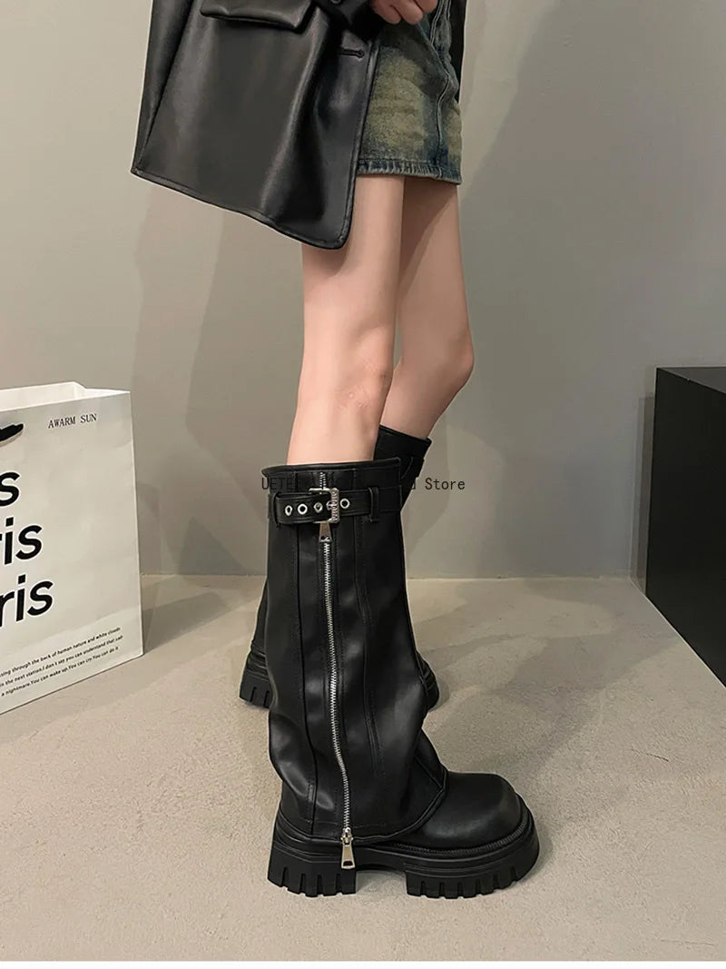 Winter Women Biker Boots – Fashion Belt Buckle, Elegant Platform Knee-High Booties for Ladies