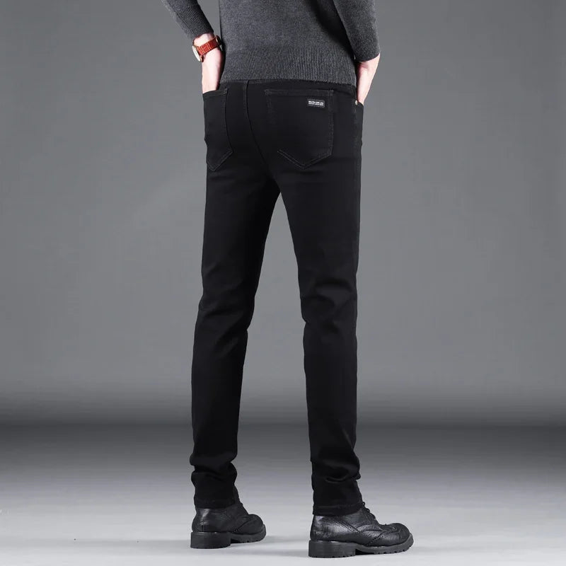 Men's Pure Black Slim Jeans – Elastic Straight Fit, Business Fashion, Leisure Style, Korean Vintage Denim Pants for Spring and Autumn
